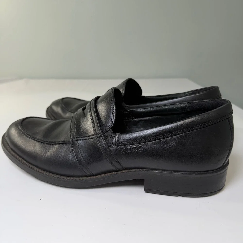 ECCO Mens Black Leather Penny Loafers Shock‎ Point Slip On Dress Shoes Size 42
